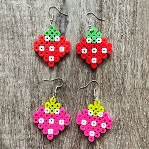 Strawberry earrings red pink LOT OF 2 jewelry fruit handmade perler beads